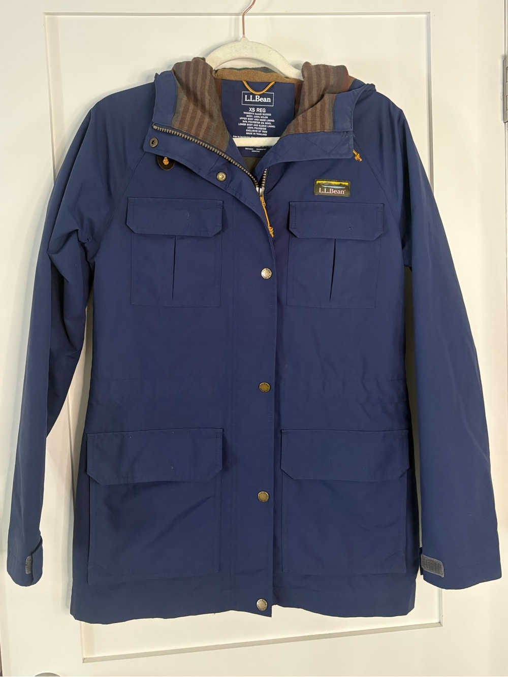 L.L.Bean Mountain Classic Navy Plaid Lined Lightweight Hooded Rain Jacket XS